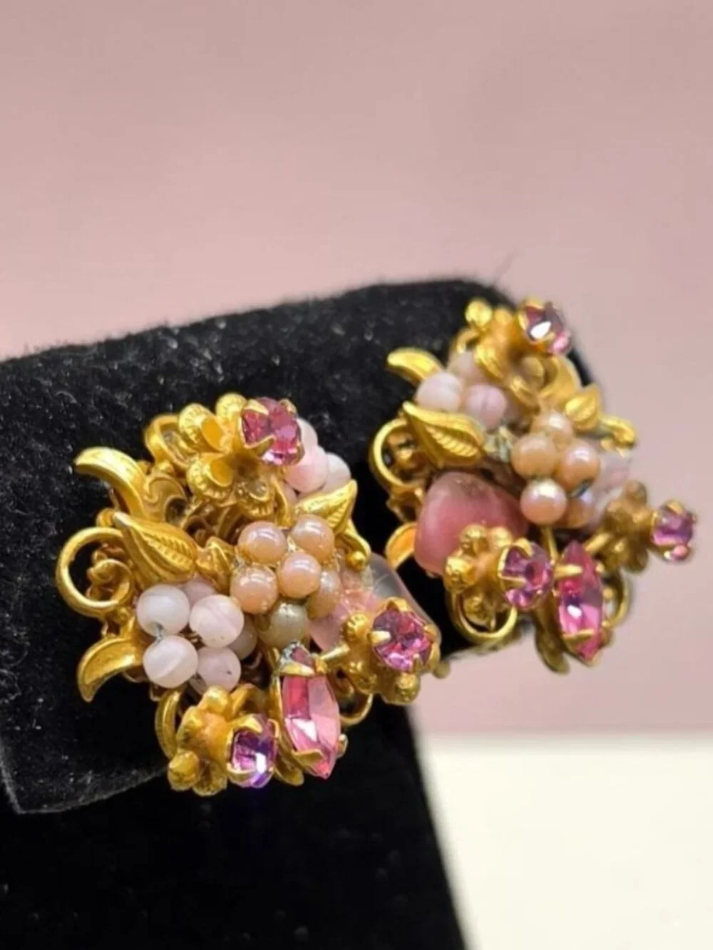 Vintage Signed Robert Pink Flower Cluster Clip-On Earrings Mid-Century 1950s - Picture 7 of 12